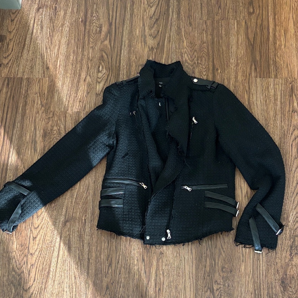 Fate Black Textured Blazer with Leather Accents